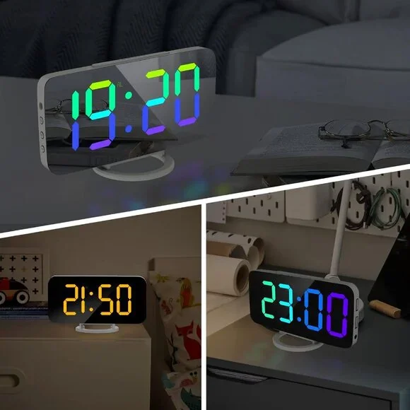 RGB Alarm Clock - Digital LED Clocks Mirror Surface with Dual USB Ports for Make